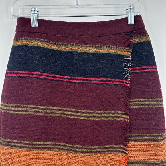 Loft Southwestern Blanket Faux Wrap Skirt Fringe Red Striped Cotton Womens Sz 2 - Picture 4 of 12